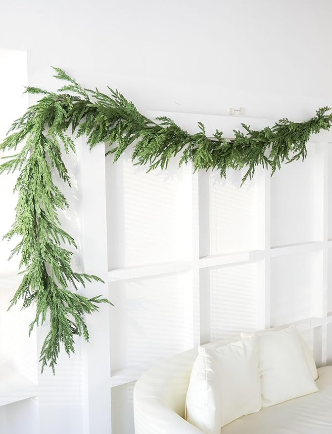 15ft Handmade Christmas Garland,Artificial Cypress Cedar Pine Needles Greenery Seasonal Garland for Christmas TV Cabinet Winter Holiday Indoor Outdoor Decoration