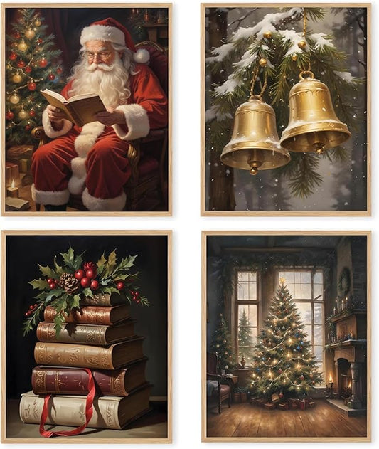 Boat Wades Vintage Christmas Unframed Wall Art Prints,Rustic Christmas Posters & Prints For Room Home Dorm Decor,Retro Christmas Room Decor,Xmas Decor Wall Art Prints 8x10 Set Of 4