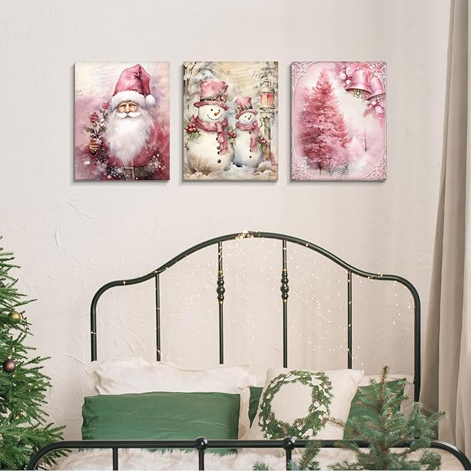 DSHFG Vintage Pink Christmas Canvas Wall Art Set of 3, Christmas Pink Housewarming Gifts for Women, Christmas Wall Decor for Home Kitchen Bedroom Living Room, 11x14 Framed