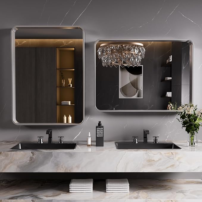 Brushed Nickel Bathroom Mirror 48x40 Inch, Brushed Silver Metal Frame Mirror Wall Mounted, Rounded Rectangle Bathroom Vanity Mirror, Tempered Glass, Anti-Rust, Horizontal/Vertical