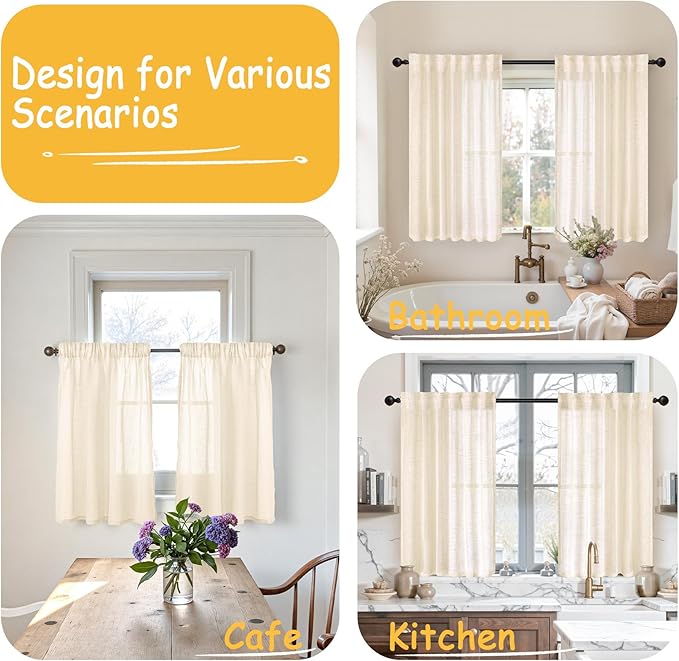 YoungsTex Beige Linen Semi Sheer Curtains 40 Inch Length for Kitchen Window, Short Drapes Textured Light Filtering with Rod Pocket Back Tab for Cafe Bathroom Bedroom, 2 Panels, 42 X 40 Inch