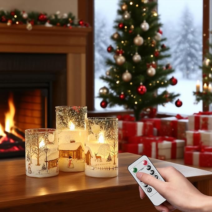 DRomance Snowman Glass Flameless Candles Rechargeable Battery Operated with Remote and Timer Real Wax LED Flickering Pillar Candles White Cold Light Window Christmas Holiday Decor D3 x 4",5",6"
