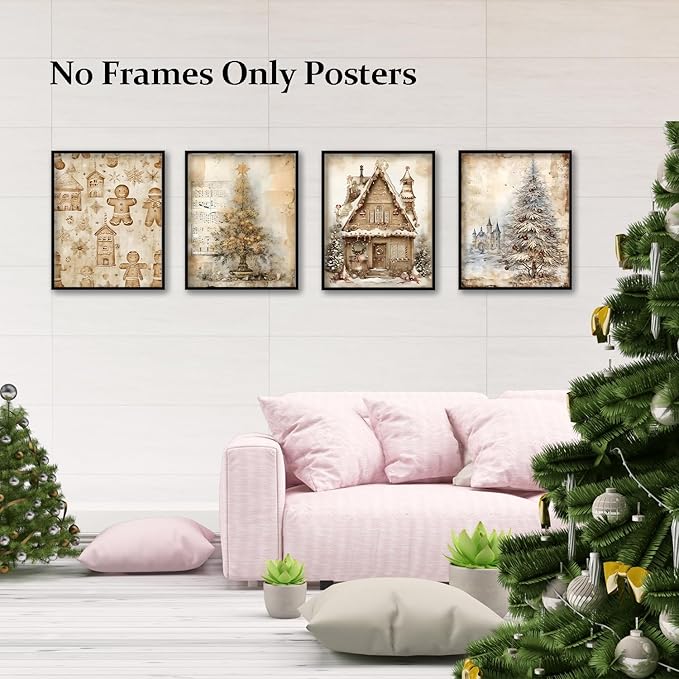 TFKFJLF Vintage Christmas Tree Prints Wall Art Poster Decor, Retro Christmas Gingerbread Decor Wall Art, Winter Holidays Decorations for Bedroom Bathroom Living Room Office, Unframed 8x10in Set of 4