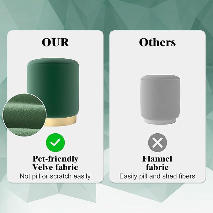 DAGONHIL Modern Round Velvet Ottoman,Upholstered Make-up Short Foot Stools with Gold Plating Base,Pack of 1,Green