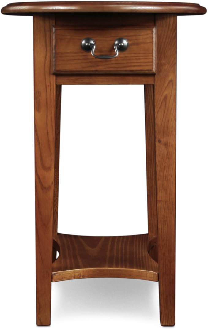 Haven Ridge Solid Wood Oval Side Table with Drawer and Shelf, Medium Oak Brown, Perfect for Living Rooms, Bedrooms, and Small Spaces – Leick Home, 9042-MED