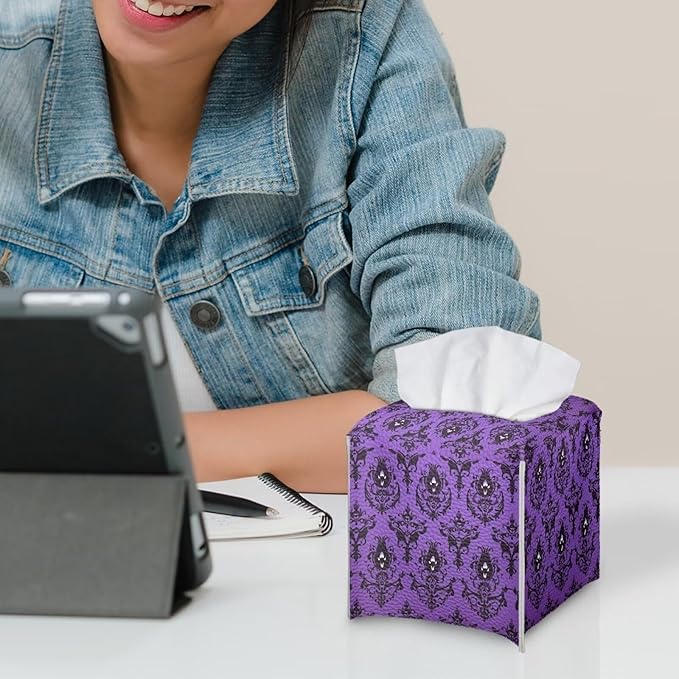 Halloween Home Decor Tissue Box Cover Square Tissue Holder for Bathroom Leather Tissue Box Holder Desk Accessories Napkin Organizer Dispenser Tissue Cube Box Cover Purple