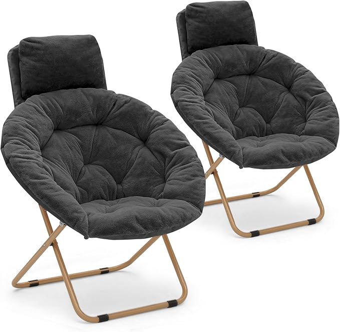 Athena Collection Comfy Saucer Chair with Headrest, Set of 2 Oversize Round Cozy Chair Folding Chair Faux Fur Metal Frame Foldable Reading Chair Accent Chair for Bedroom Living Room, Black