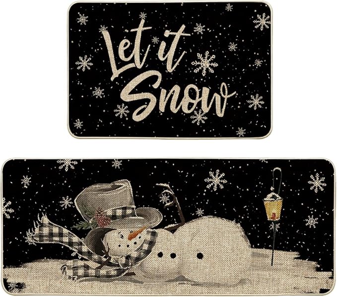 Artoid Mode Let It Snow Snowflake Snowman Light Christmas Decorative Kitchen Mats Set of 2, Home Party Low-Profile Kitchen Rugs - 24x35 and 24x59 Inch