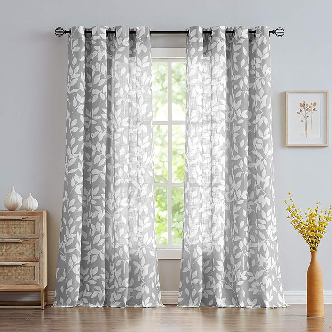 Treatmentex Grey Semi-Sheer Curtains for Bedroom 95" Long White Leaf Print Curtains for Living Room Grommet Top Window Panels, 1 Pair