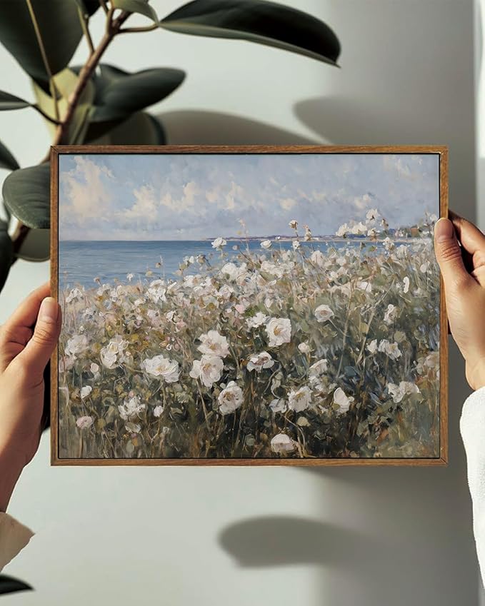 KISSFOX Vintage Floral Framed Wall Art Coastal Rose Wildflower Canvas Wall Art Neutral Farmhouse Serene Countryside Paintings Artwork Rustic Art Prints For Bedroom Living Room