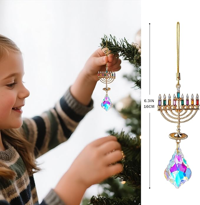 6 PCS Hanukkah Menorah Hanging Ornaments, Crystal Suncatchers for Christmas Tree, Halloween & Hanukkah Decor, Window Suncatchers & Gift