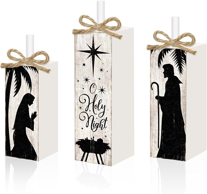 Britimes Christmas Decorations for Home, 3pcs Wooden Table Decor, Nativity Scene Holy Night Farmhouse Tabletop Block Sign for Christmas Indoor Kitchen