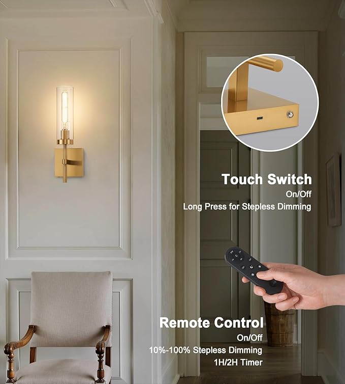 Gold Battery Operated Wall Sconce Set of 2, Wireless Wall Sconces with Remote Control, Rechargeable LED Dimmable Wall Light for Bedroom Bathroom Hallway Living Room Entryway Stairwell, 3000K