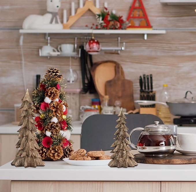 MEETYAMOR Christmas Decorations Indoor, Set of 2 Golden Resin Christmas Trees for Table Decor, Farmhouse Rustic Xmas Decorations Figurines for Home, Kitchen, Mantle, Shelf