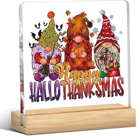 Fall Decor, Thanksgiving Decorations, Fall Decorations for Home, Gnomes Pumpkin Sign, Autumn Harvest Rustic Square Acrylic Sign with Wooden Stands for Kitchen Office Christmas Living Room