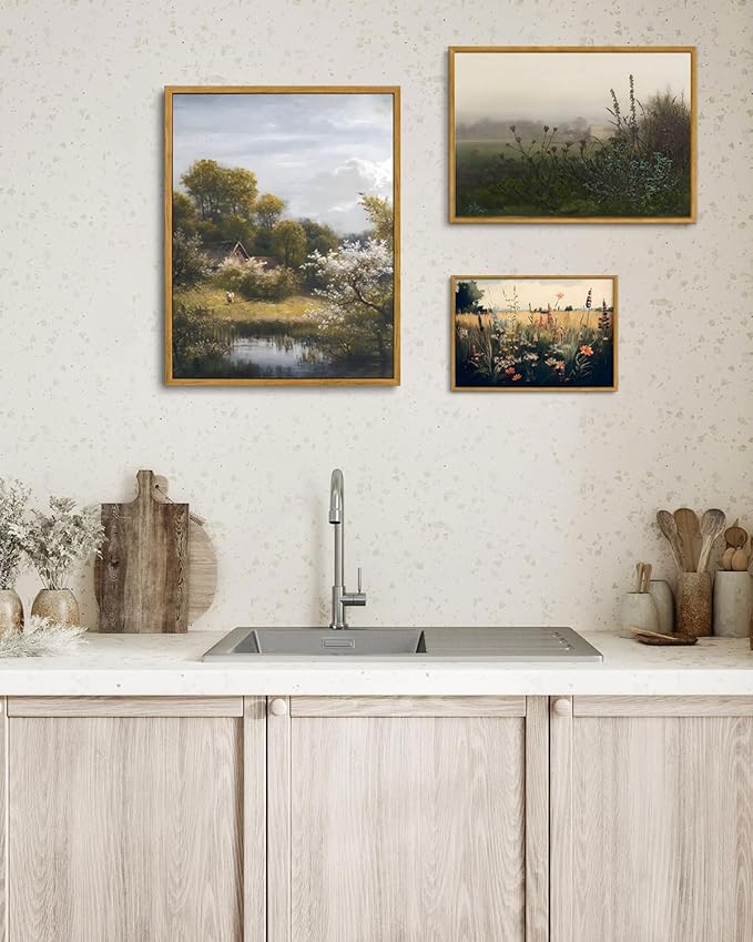KISSFOX Vintage Rustic Cottage Landscape Canvas Wall Art Spring Countryside Framed Wall Art Farmhouse Retro Art Prints Artwork For Living Room Bedroom Kitchen