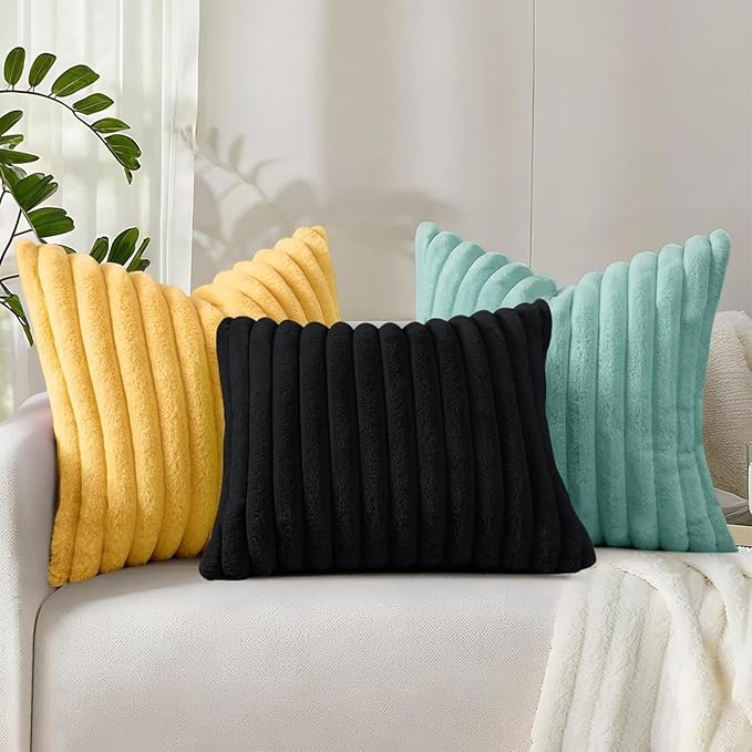 decorUhome Faux Fur Throw Pillow Covers 16x16 Set of 2, Decorative Soft Plush Striped Neutral Couch Euro Pillow Covers with Velvet Back for Sofa, Bed, Living Room Home Decor, Aqua