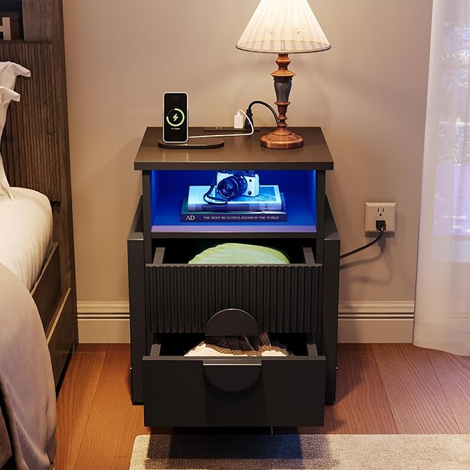 LGHM Large Fluted Nightstand with Charger Station Lights,20.47" W Night Stand with 2 Drawers,Accent Bedside Table and End Table,Semicylinder Drawer,Stable Raised Legs,Large Compartment,Black
