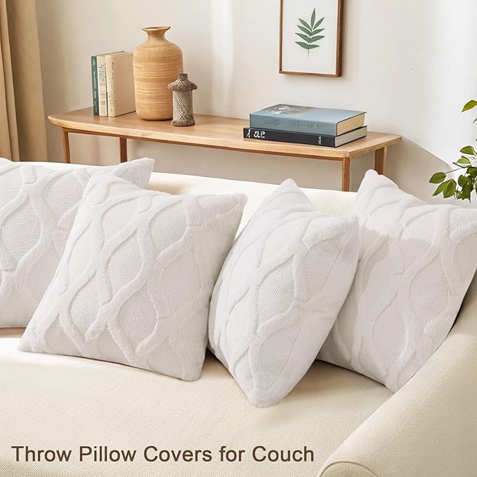 decorUhome Set of 4 Cream White Throw Pillow Covers 20x20 Inch, Neutral Decorative Soft Plush Faux Wool Couch Pillow Covers, Farmhouse Pillow Cases for Living Room Bed Sofa