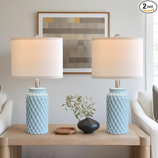 20.5" Light Blue Modern Ceramic Bedside Lamp Set of 2 for Bedroom Decor Farmhouse Table Lamp for Living Room Office Dorm
