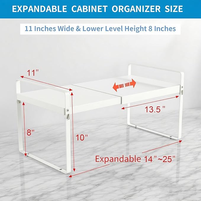 Expandable Cabinet Shelf Organizer 14-25 Inch Adjustable Length, 11" Wide 2-Tier (8" Bottom Layer) Metal Storage Rack for Kitchen Pantry, Under Sink Countertop - Heavy Duty White(2 Pack)