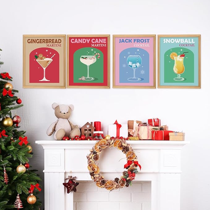 Wheatwin Retro Cocktail Christmas Wall Art Prints Set of 4, Funny Gingerbread Alcoho Wine Glass Print Cute Preppy Posters Aesthetic, Dorm Decor, Bar Party Kitchen Decor, 8x10 (Unframed)