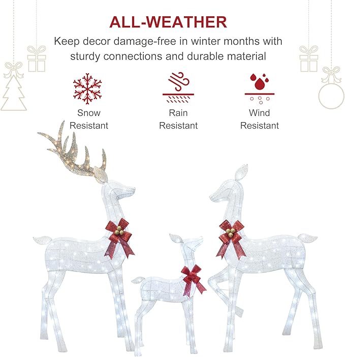 HOYECHI 6.5 FT Oversized Christmas Decorations Outdoor Lighted Reindeer β 3-Piece 3D Deer Family Set with 340 Warm White LED Lights for Yard, Lawn, Garden & Porch Holiday Display - White