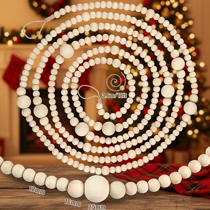 12 Feet Christmas Wooden Beads Garland Round Craft Farmhouse Vintage Wood Bead Garlands for Xmas Decoration Supplies(Natural Color)