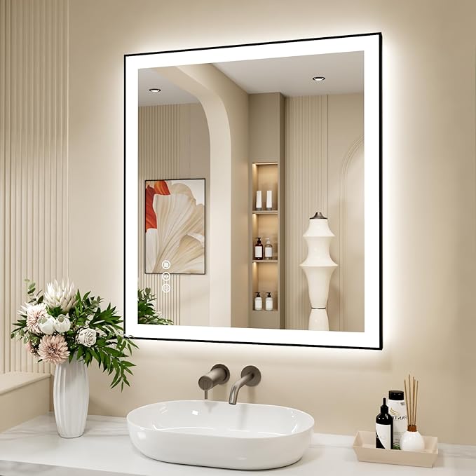 32x36 Inch LED Bathroom Mirror with Black Frame, Backlit and Front Lighted Bathroom Mirrors for Wall, Anti-Fog, Dimmable, Memory, Shatterproof, LED Vanity Mirror for Bathroom