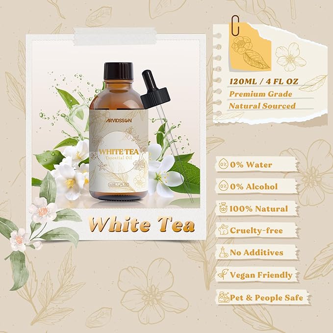 White Tea Essential Oil 4 Fl Oz (120ml) - Pure and Natural Fragrance Oil, White Tea Oil for Diffusers, Candle Making, Room Spray Diffuser Oil for Home, Aromatherapy Scented Oil Gift for Women