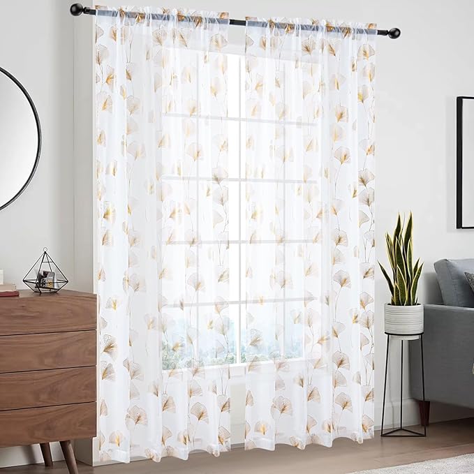 Gold Foil Print Sheer Curtains 84 inches Long, 2 Panels Ginkgo Bronzing Treatment Sheer Curtain, Rod Pocket Window Treatment Panels for Bedroom Living Room