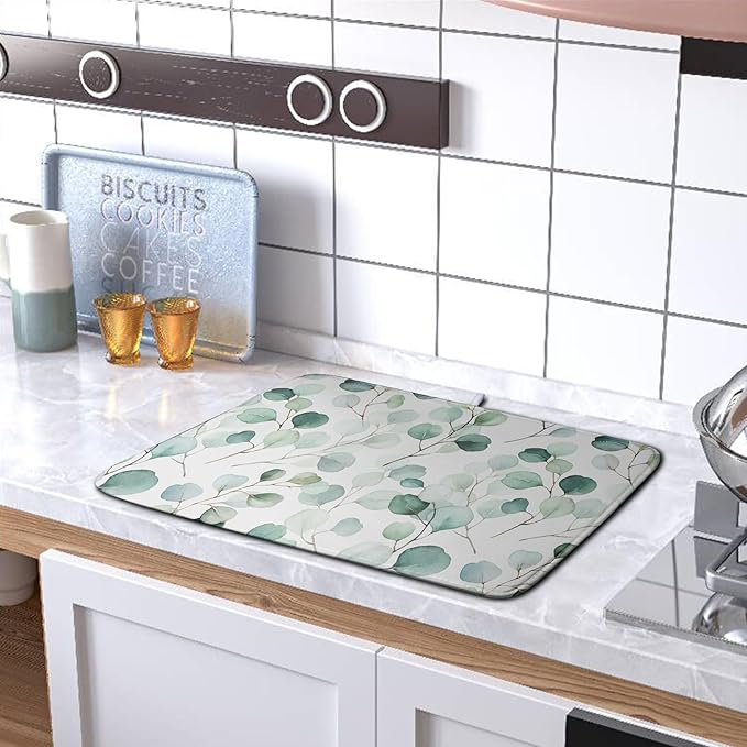 Green Leaves Dish Drying Mat Eucalyptus Leaf Branch Plant Drying Mats Absorbent Reversible Microfiber Kitchen Counter Mat Reusable Washable Dishes Drainer Mats Extra Large 18x24 Inch