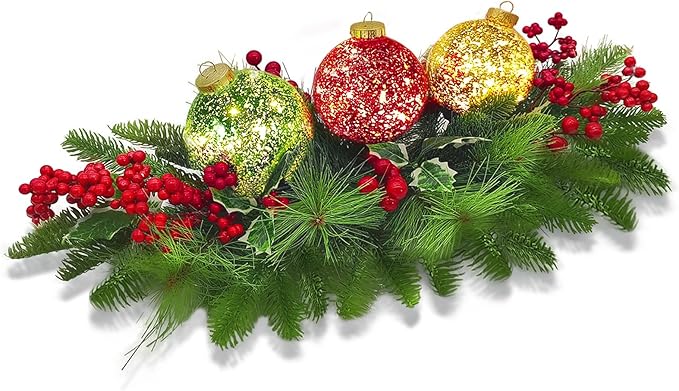 Christmas Table Centerpieces Decorations, Lighted Table Accent Centerpiece with LED Sparkle Baubles Battery Operated with Timer Holiday Candelabrum for Home Party Xmas Table Mantel Decoration