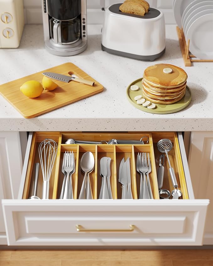 Kitsure Large Thickened Silverware Organizer - Expandable Bamboo Kitchen Drawer Organizer for Cooking Utensils and Cutlery, Sturdy Kitchen Organizers and Storage Solution, 18.5"×13.3"×1.8"