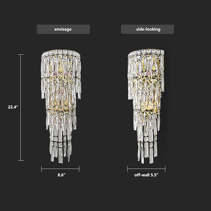 Modern K9 Crystal Wall Sconce, Gold Finish Wall Light Fixture, Acrylic Crystal Drops Wall Lamp Bedside Light 3 Tiers Crystal Wall Lamp for Bedroom Living Room,E12 Base