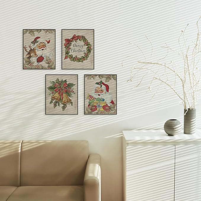 ETVISO Vintage Christmas Wall Art Prints Set of 4, Retro Christmas Garland Poster, Winter Holidays Gift Print Decor for Gallery, Living Room, Bathroom, 8x10 (Unframed)