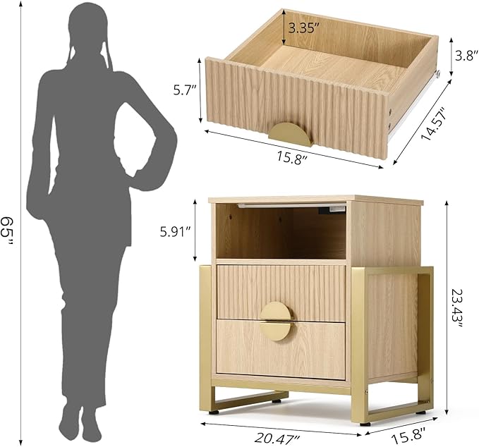 LGHM Set of 2 Large Fluted Nightstand with Charger Station Lights,20.47" W Night Stand with 2 Drawers, Accent Bedside Table and End Table,Semicylinder Drawer Front,Stable Raising Legs,Natural Oak