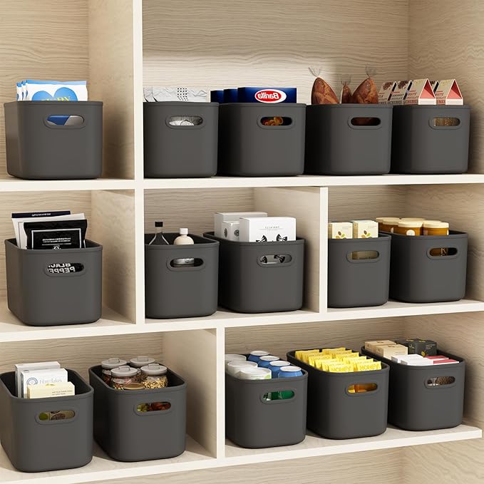 12 Pack Grey Plastic Storage Bins, Pantry Organizer Bins, Grey Plastic Containers for Organizing, Storage Box for Kitchen, Cabinet, Closet, Office, Classroom, Under Sink