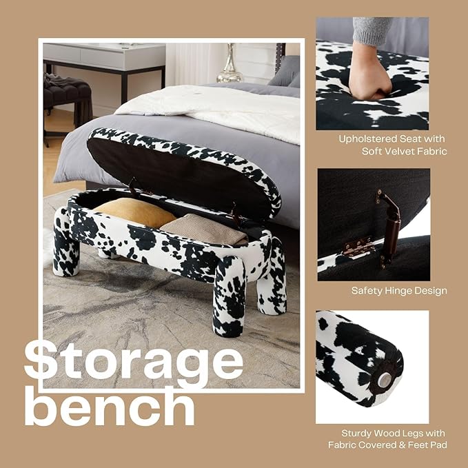 DUOMAY Modern Storage Ottoman Bench, Velvet Upholstered Storage Bench End of Bed Stool for Bedroom Living Room Entryway, 44.75" Width, Milk Cow/Black
