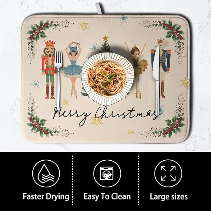 Merry Christmas Nutcracker Dish Drying Mat for Kitchen Counter 16x18 Inch Winter Xmas Tree Snowflakes Drying Mats Microfiber Absorbent Dish Drainer Washable Dish Rack Pad for Sink Coffee Bar
