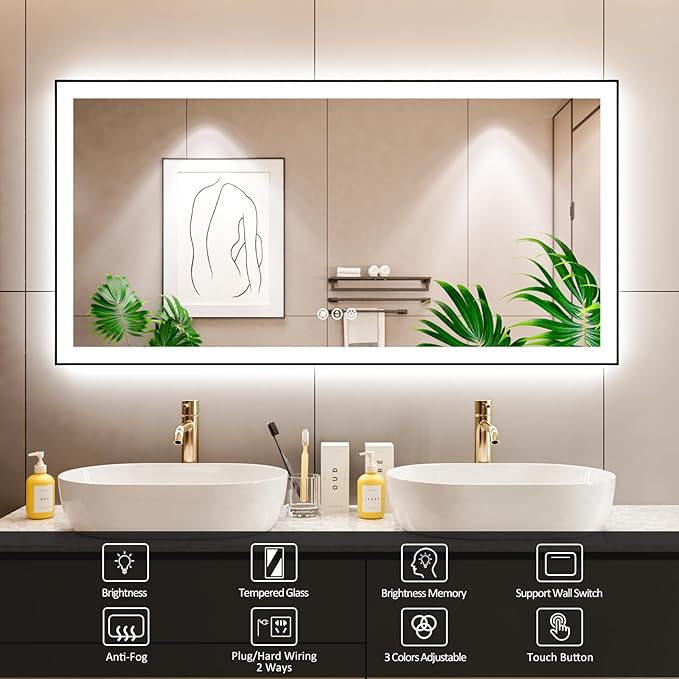 60x30 Inch LED Bathroom Mirror with Black Frame, Backlit and Front Lighted Bathroom Mirrors for Wall, Anti-Fog, Dimmable, Memory, Shatterproof, LED Vanity Mirror for Bathroom