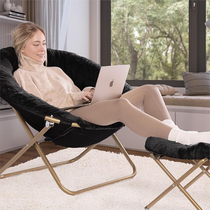 Milliard Cozy Chair with Footrest Ottoman/Faux Fur Saucer Chair for Bedroom/X-Large (Black)