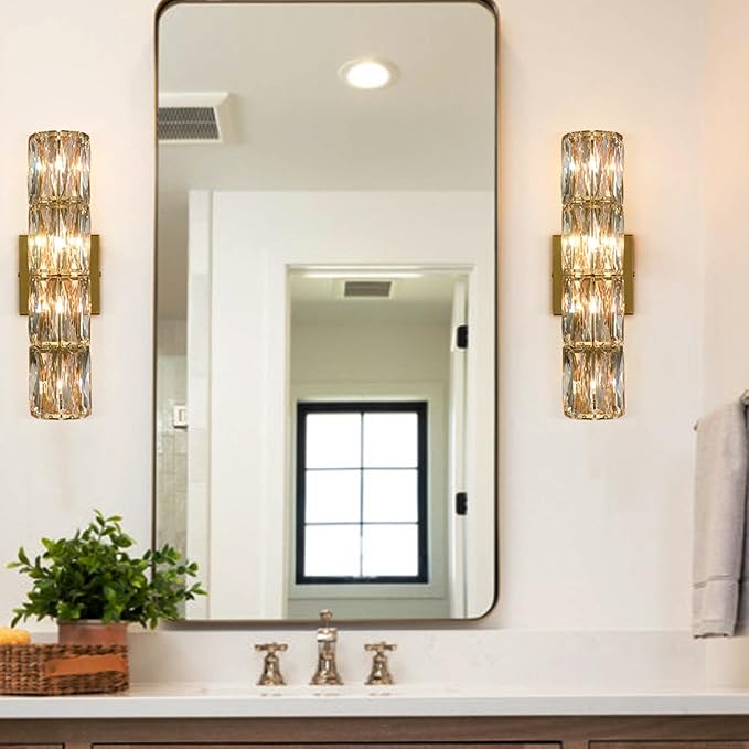 SAMTEEN Gold Wall Sconce Modern Crystal Sconces Wall Lighting 4-Light Bathroom Wall Mount Light Crystal Vanity Light Fixture for Bedroom Hallway Living Room