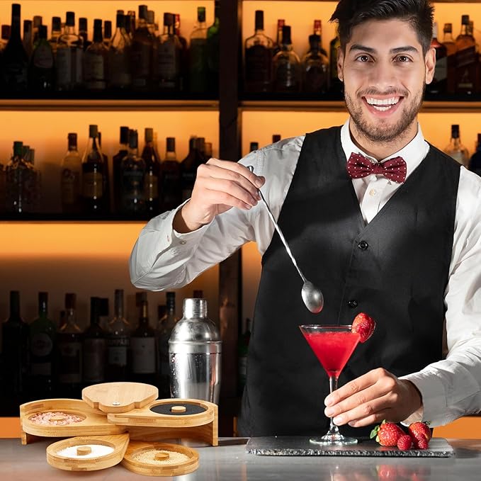 Mifoci Bamboo 4 Tier Margarita Salt Rimmer Set Salt and Sugar Glass Rimmer Set with Lid and 5 Sponges Home Bar Accessories for Cocktails Drinks House Party Bartender Supplies