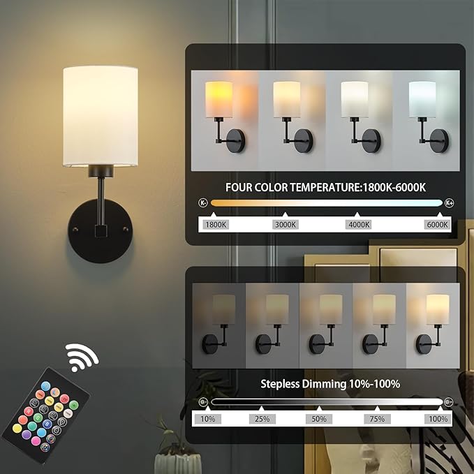 Battery Operated Wall Sconce Set of Two,Wireless Rechargeable Wall Light With Remote Control, Dimmable, 1800K/3000K/4000K/6000K/RGB, Timer, for Living Room, Bedroom, Fireplace, TV, 13.5 Inch, Black