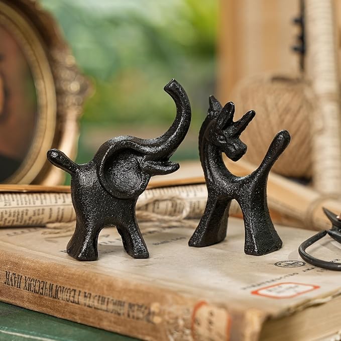Sungmor Set of 2 Cast Iron Elephant & Unicorn Figurines - Rustic Black Animal Sculptures for Shelf, Desk, or Entryway - Heavyweight Decorative Mini Cute Statues - Whimsical Vintage Home Décor