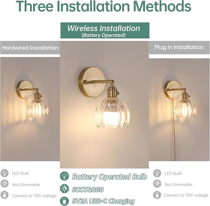 Vintage Battery Operated Wall Sconce with Cute Transparent Tulip Glass Lampshade Wireless Rechargeable Battery Powered Wall Light with Remote Control for Bedside Bedroom Doorway