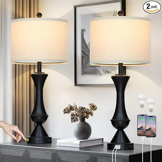 29" Black Tall Table Lamps for Living Room, Touch Control Bedroom Lamp with USB A+C Ports, 3-Way Dimmable Bedside Table Lamps Set of 2, Modern Metal Lamp for Nightstand