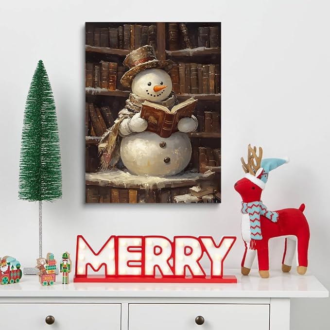 Cute Snowman Reading Book Art posters Christmas Canvas Print Wall Art Christmas Prints Winter Wall Art Snowman Decor Academia Art Holiday Decor 11x14 Unframed