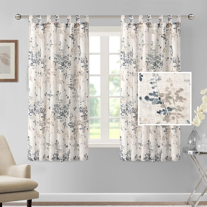 H.VERSAILTEX Linen Sheer Curtains for Living Room Sheer Panels 63 Inches Long Light Filtering Tab Top Window Treatment Drapes for Bedroom, 2 Panels, Vintage Classical Floral Print Bluestone and Taupe